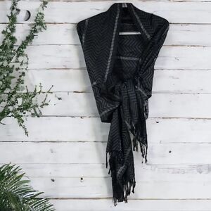 PASHMIRE Scarf Shawl 68" Long Black Chevron Silver Metallic Tassels lightweight